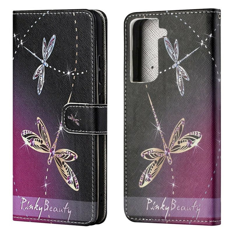 Leren Hoesje voor Samsung Galaxy S21 FE Met Ketting Strappy Libellen