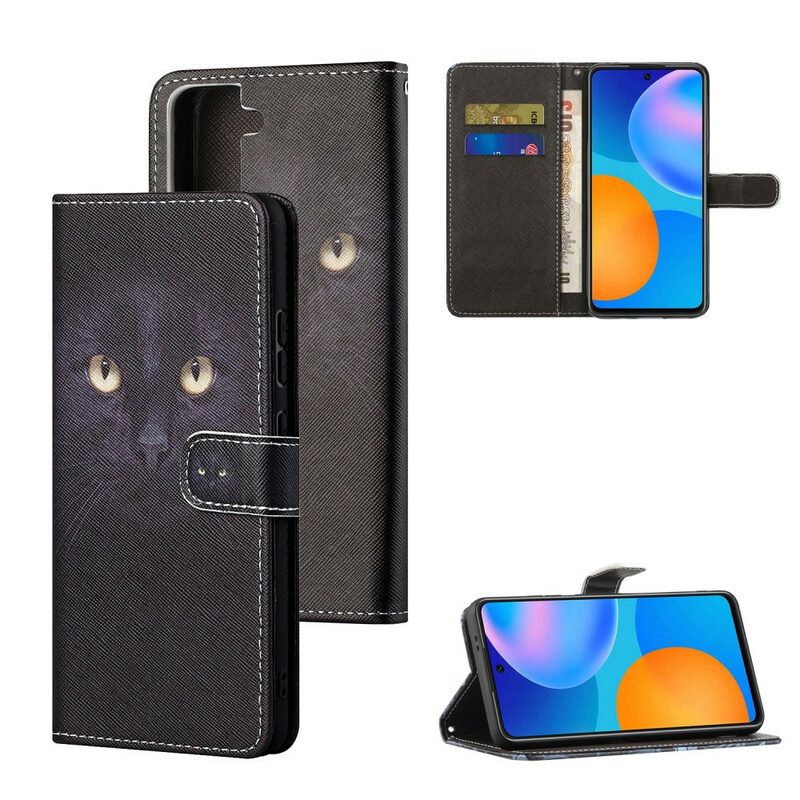 Leren Hoesje voor Samsung Galaxy S21 FE Met Ketting Strappy Zwarte Kattenogen