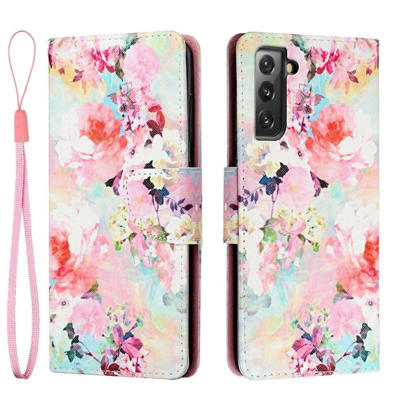 Leren Hoesje voor Samsung Galaxy S21 FE Met Ketting Vintage Bloemenprint Met Bandjes