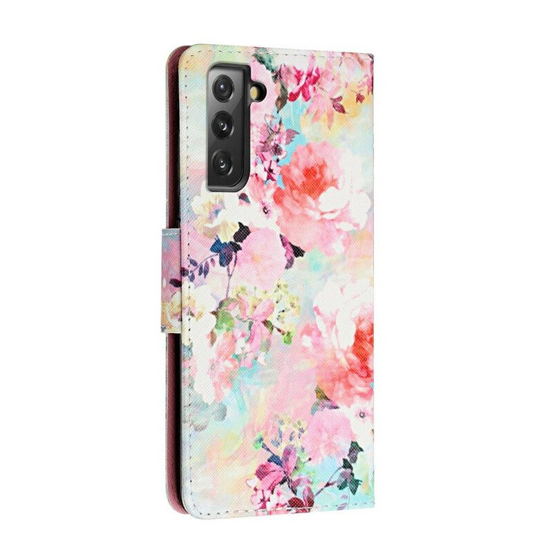 Leren Hoesje voor Samsung Galaxy S21 FE Met Ketting Vintage Bloemenprint Met Bandjes