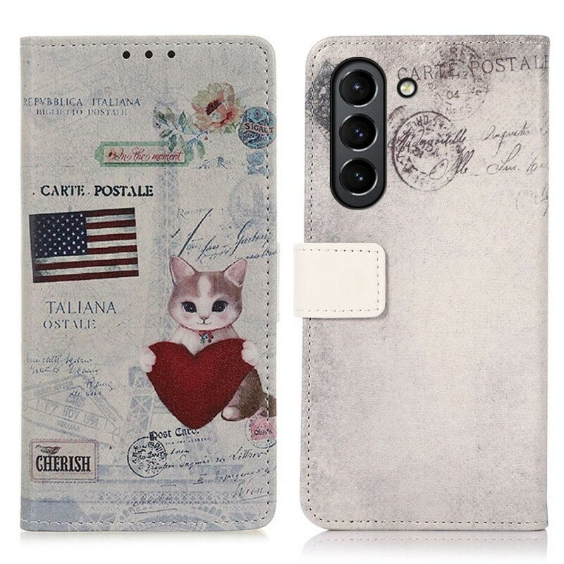 Leren Hoesje voor Samsung Galaxy S21 FE Reiziger Kat