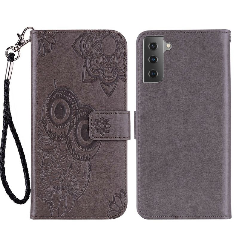 Leren Hoesje voor Samsung Galaxy S21 FE Uil Mandala En Lanyard