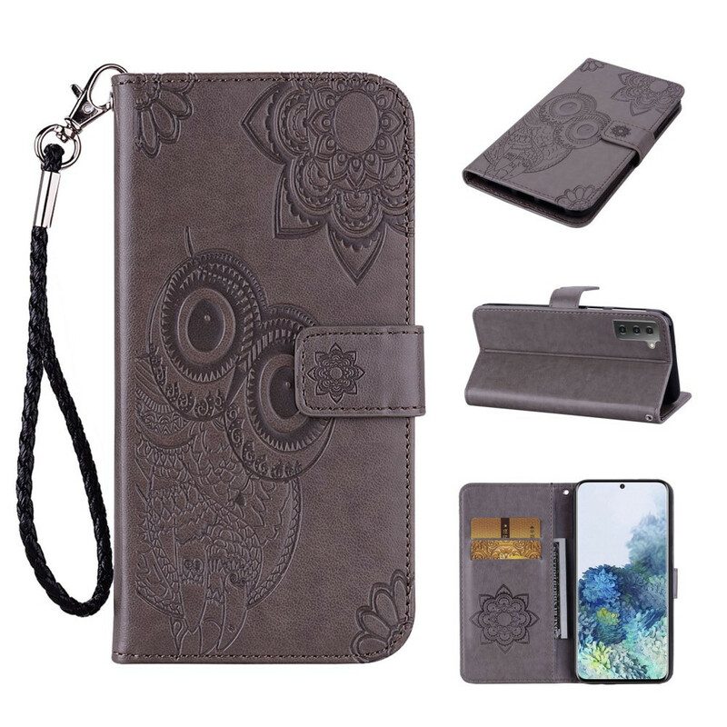 Leren Hoesje voor Samsung Galaxy S21 FE Uil Mandala En Lanyard