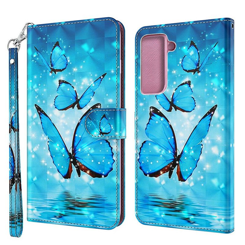 Leren Hoesje voor Samsung Galaxy S21 FE Vliegende Blauwe Vlinders