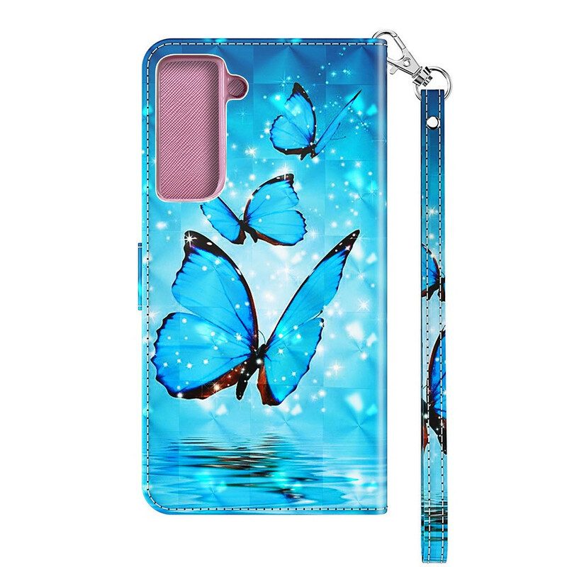 Leren Hoesje voor Samsung Galaxy S21 FE Vliegende Blauwe Vlinders