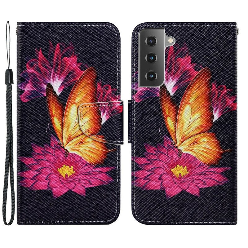 Leren Hoesje voor Samsung Galaxy S21 FE Vlinder En Lotus