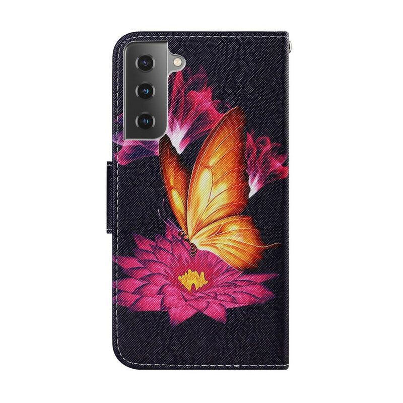 Leren Hoesje voor Samsung Galaxy S21 FE Vlinder En Lotus