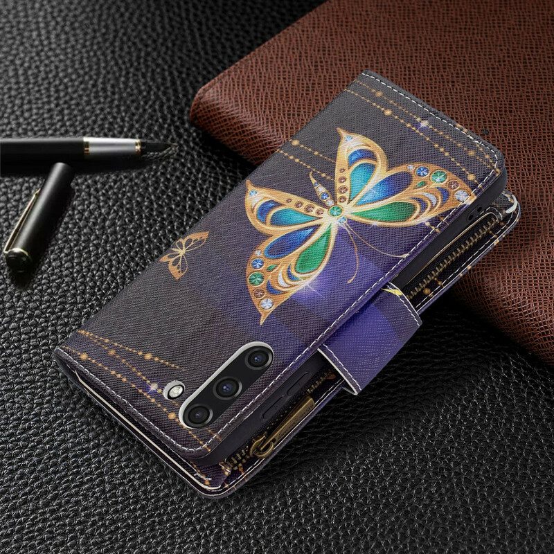 Leren Hoesje voor Samsung Galaxy S21 FE Vlinders Zak Met Ritssluiting