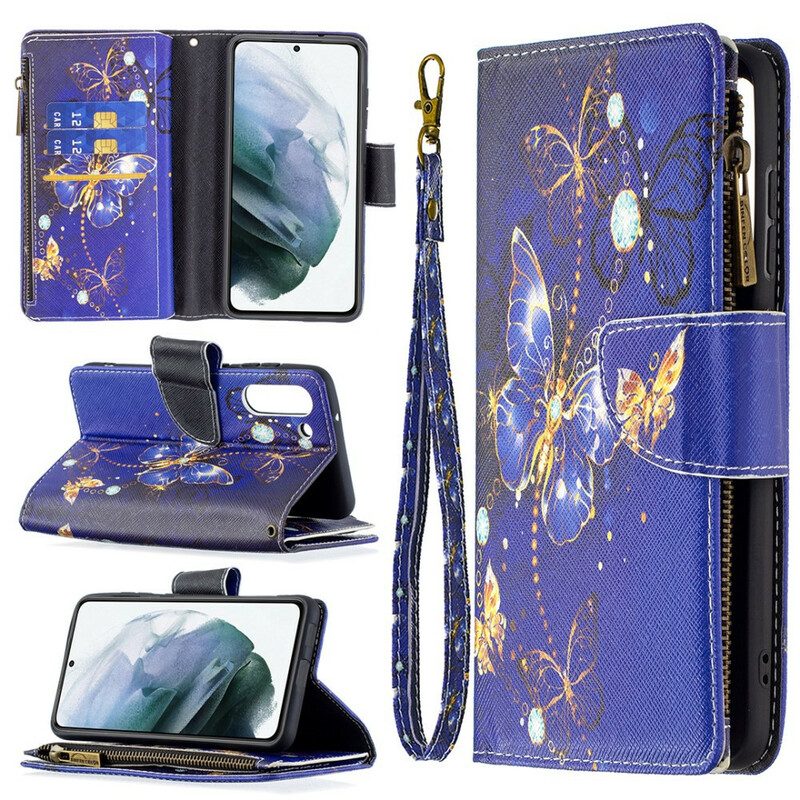 Leren Hoesje voor Samsung Galaxy S21 FE Vlinders Vlinders Zip Pouch