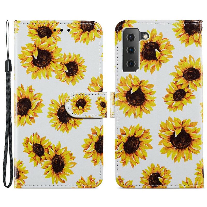 Leren Hoesje voor Samsung Galaxy S21 FE Zonnebloemen