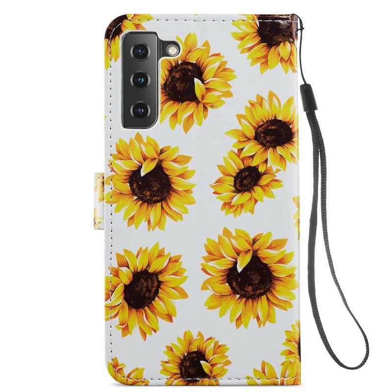 Leren Hoesje voor Samsung Galaxy S21 FE Zonnebloemen