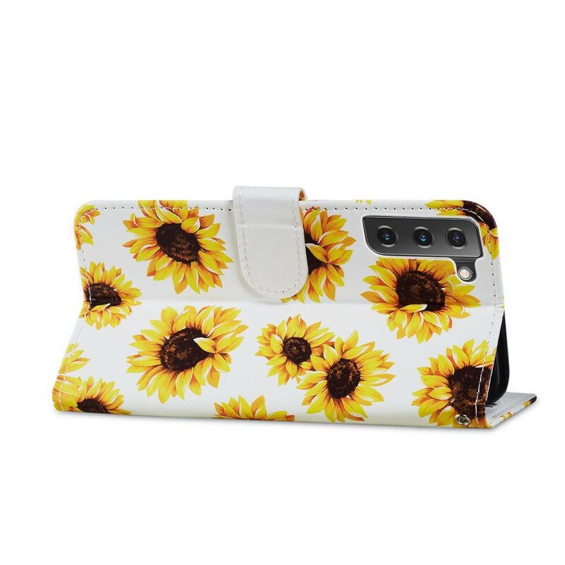 Leren Hoesje voor Samsung Galaxy S21 FE Zonnebloemen