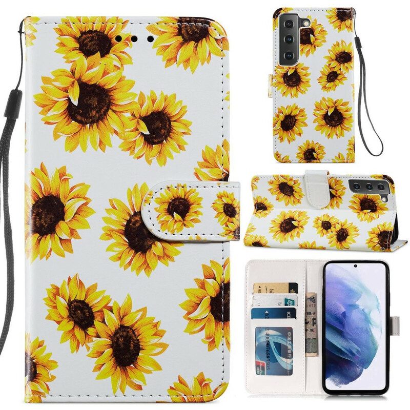 Leren Hoesje voor Samsung Galaxy S21 FE Zonnebloemen