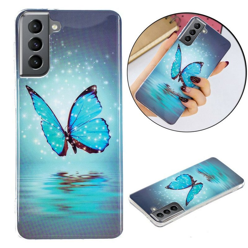 Telefoonhoesje voor Samsung Galaxy S21 FE Fluorescerende Blauwe Vlinder