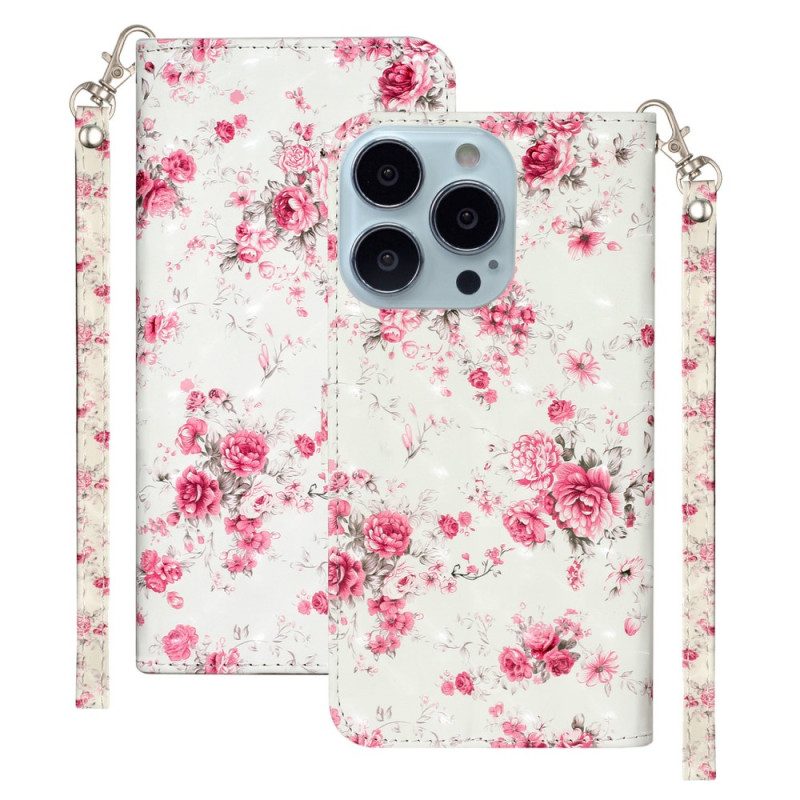 Folio-hoesje voor iPhone 15 Pro Max Met Ketting 3d Bloemen Met Bandje