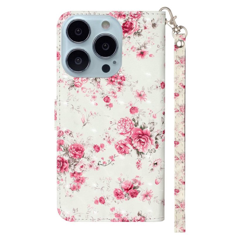 Folio-hoesje voor iPhone 15 Pro Max Met Ketting 3d Bloemen Met Bandje