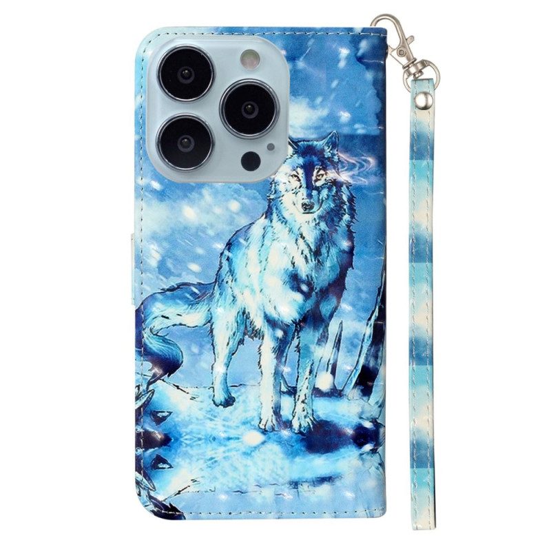 Folio-hoesje voor iPhone 15 Pro Max Met Ketting 3d Wolf Met Riem