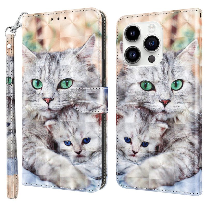 Folio-hoesje voor iPhone 15 Pro Max Met Ketting Zachte String Katten