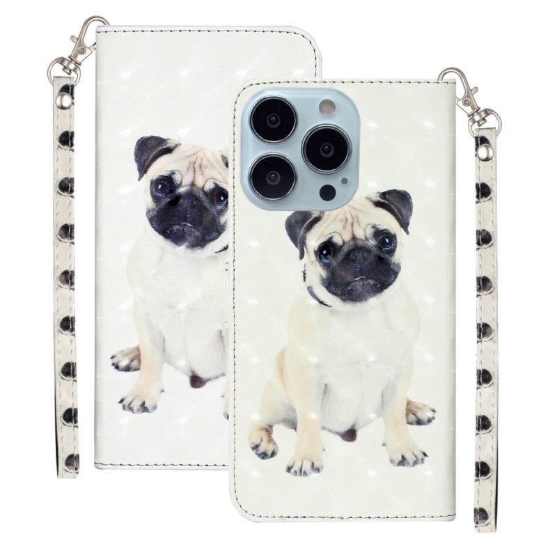 Leren Hoesje voor iPhone 15 Pro Max Met Ketting 3d Mopshond Met Riem