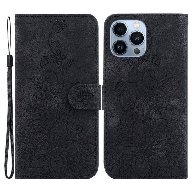 Leren Hoesje voor iPhone 15 Pro Max Met Ketting Bloemenband