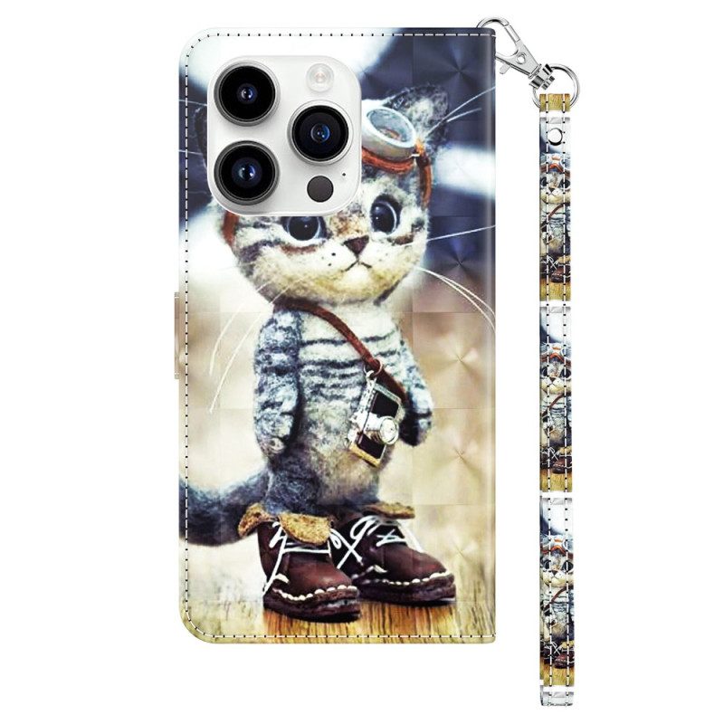 Leren Hoesje voor iPhone 15 Pro Max Met Ketting Vliegenier Kat Met Riem