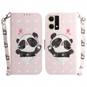 Folio-hoesje voor Oppo Reno 7 Met Ketting Panda Love Met Sleutelkoord