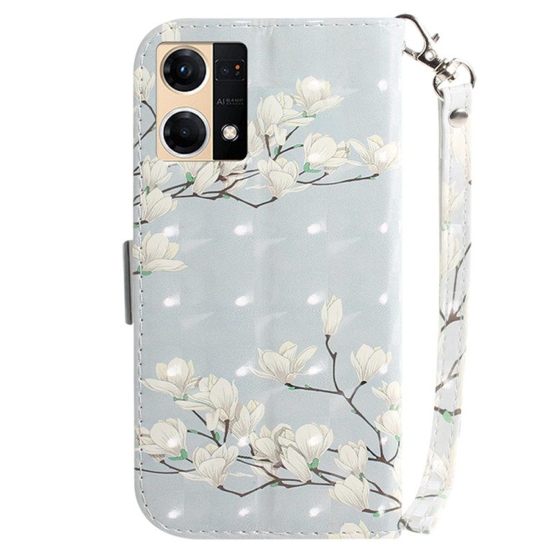 Leren Hoesje voor Oppo Reno 7 Tak Van Witte Bloemen