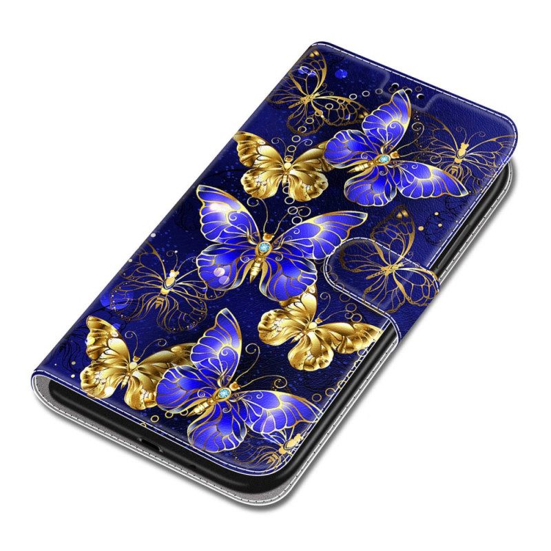 Bescherming Hoesje Samsung Galaxy S24 5g Gouden En Blauwe Vlinders Met Riem