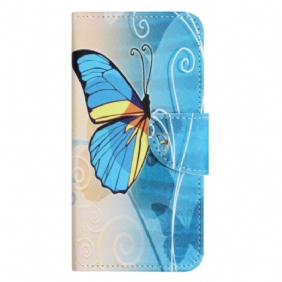 Flip Case Leren Samsung Galaxy S24 5g Blauwe En Gele Vlinder Met Riem