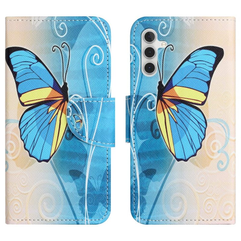 Flip Case Leren Samsung Galaxy S24 5g Blauwe En Gele Vlinder Met Riem