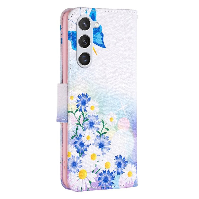 Flip Case Leren Samsung Galaxy S24 5g Blauwe Vlinders En Bloemen