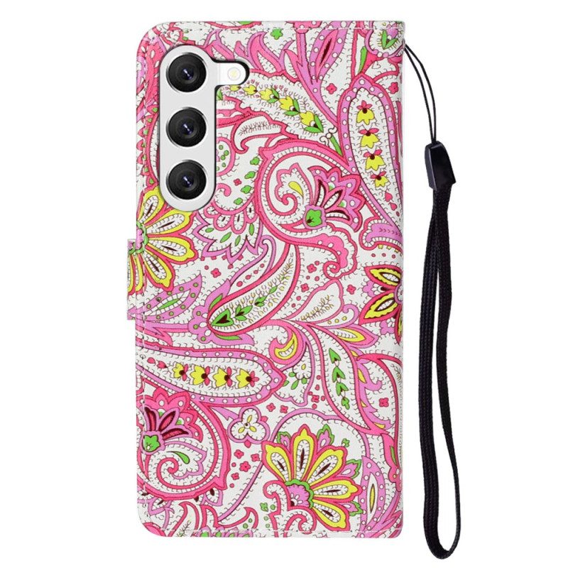 Flip Case Leren Samsung Galaxy S24 5g Roze Bloemmotief Met Riempje