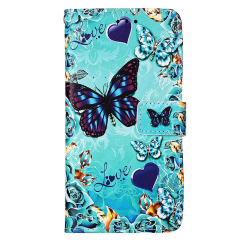 Flip Case Leren Samsung Galaxy S24 5g Vlinders En Harten Met Riempje