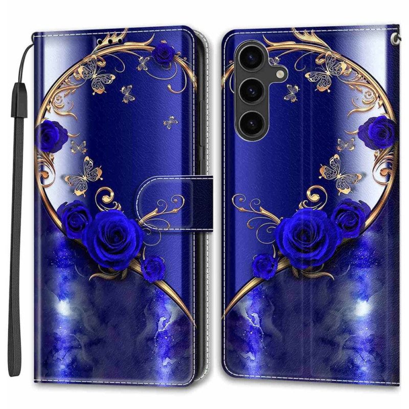 Leren Hoesje Samsung Galaxy S24 5g Blauwe Rozen En Gouden Vlinders Met Riem Bescherming Hoesje