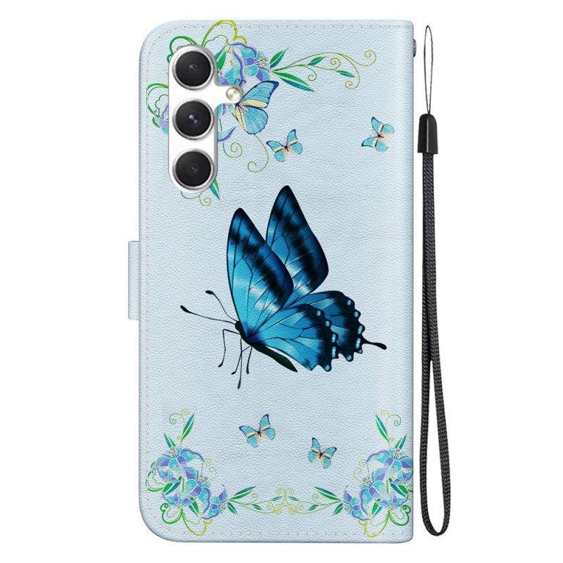 Leren Hoesje Samsung Galaxy S24 5g Blauwe Vlinder En Bloemen Bescherming Hoesje