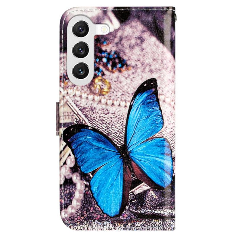 Leren Hoesje Samsung Galaxy S24 5g Blauwe Vlinder Met Riem Bescherming Hoesje