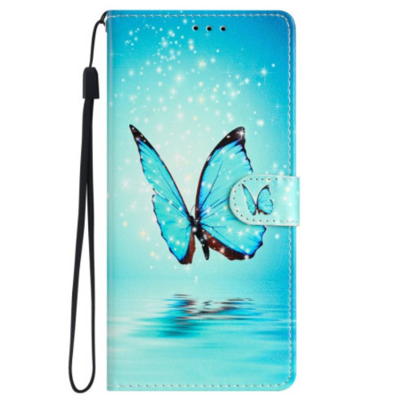 Leren Hoesje Samsung Galaxy S24 5g Blauwe Vlinders Met Riem