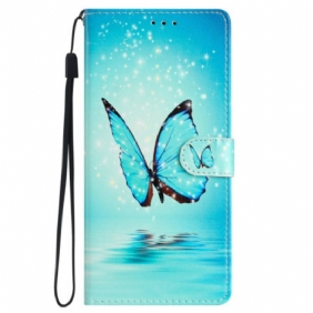 Leren Hoesje Samsung Galaxy S24 5g Blauwe Vlinders Met Riem