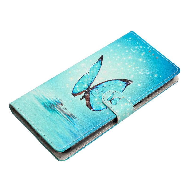 Leren Hoesje Samsung Galaxy S24 5g Blauwe Vlinders Met Riem