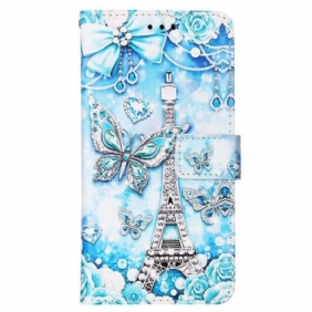 Leren Hoesje Samsung Galaxy S24 5g Eiffeltoren En Vlinders Met Riem Bescherming Hoesje