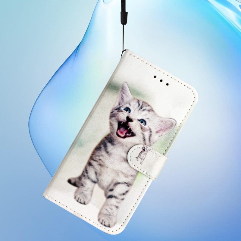 Leren Hoesje Samsung Galaxy S24 5g Grappig Katje Met Riem Bescherming Hoesje