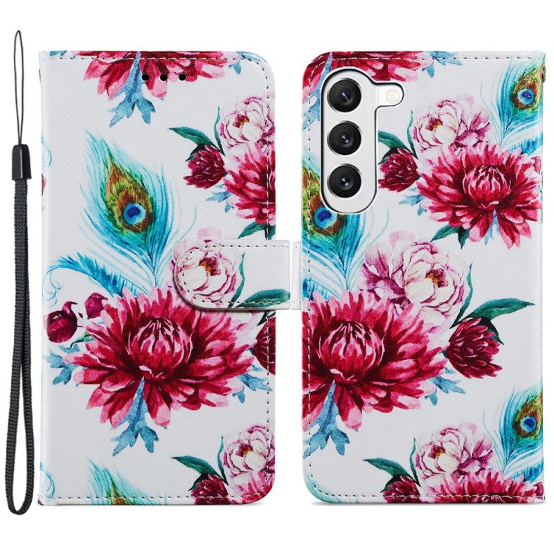 Leren Hoesje Samsung Galaxy S24 5g Kleurrijke Bloemen Met Riempje