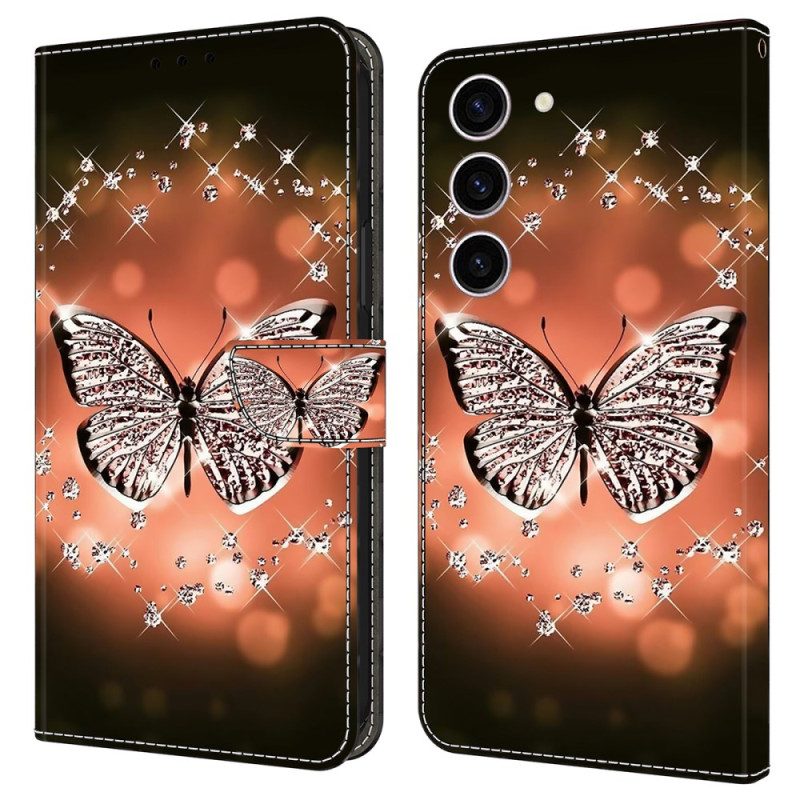 Leren Hoesje Samsung Galaxy S24 5g Kristallen Vlinder Bescherming Hoesje