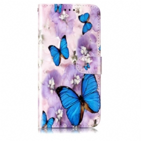 Leren Hoesje Samsung Galaxy S24 5g Paarse Bloemen En Vlinders Met Riempje Bescherming Hoesje