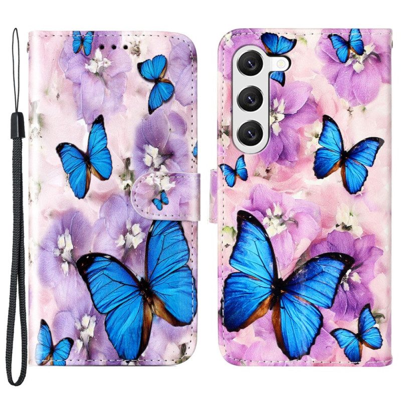 Leren Hoesje Samsung Galaxy S24 5g Paarse Bloemen En Vlinders Met Riempje Bescherming Hoesje