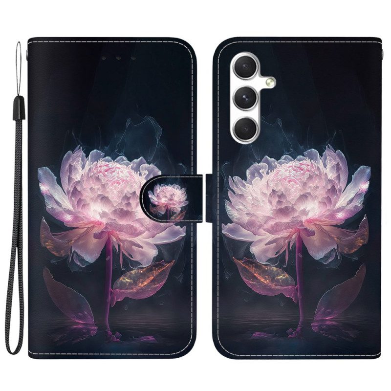 Leren Hoesje Samsung Galaxy S24 5g Paarse Pioenroos Met Bandje Bescherming Hoesje