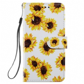 Leren Hoesje Samsung Galaxy S24 5g Riem Zonnebloemen Bescherming Hoesje