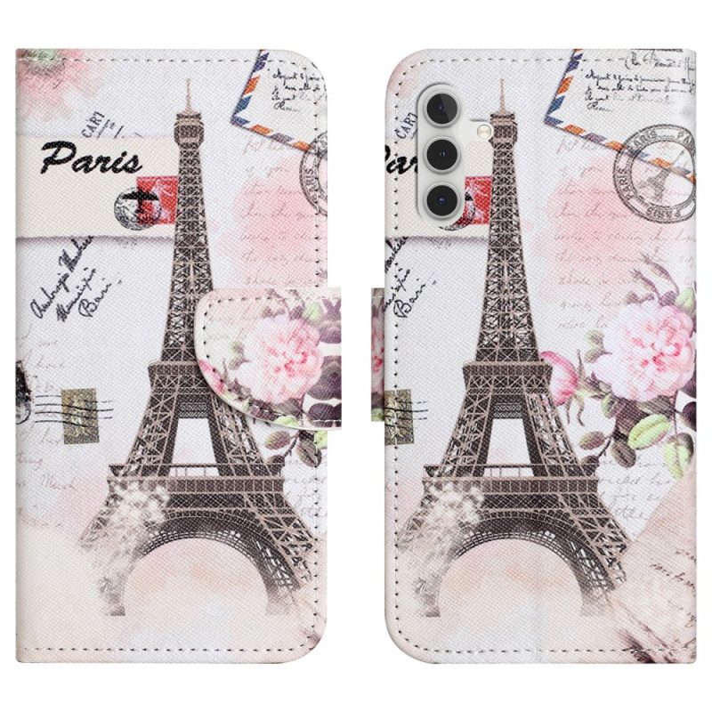 Leren Hoesje Samsung Galaxy S24 5g Vintage Eiffeltoren Met Riem