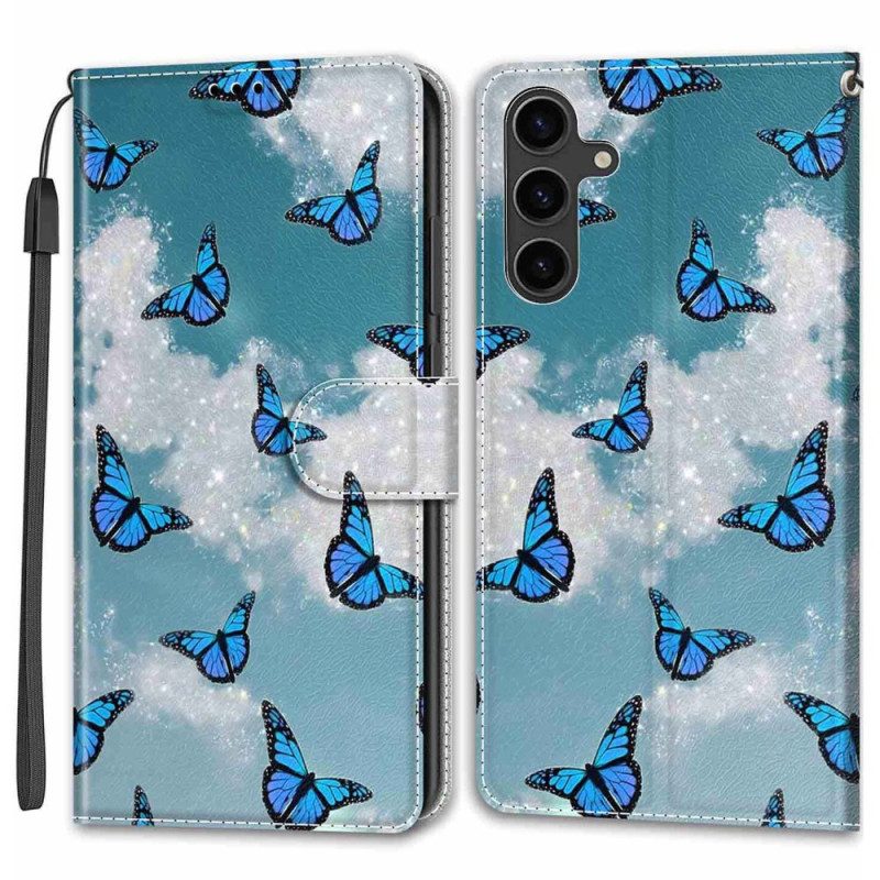 Leren Hoesje Samsung Galaxy S24 5g Witte Wolken En Blauwe Vlinders Met Riem Bescherming Hoesje