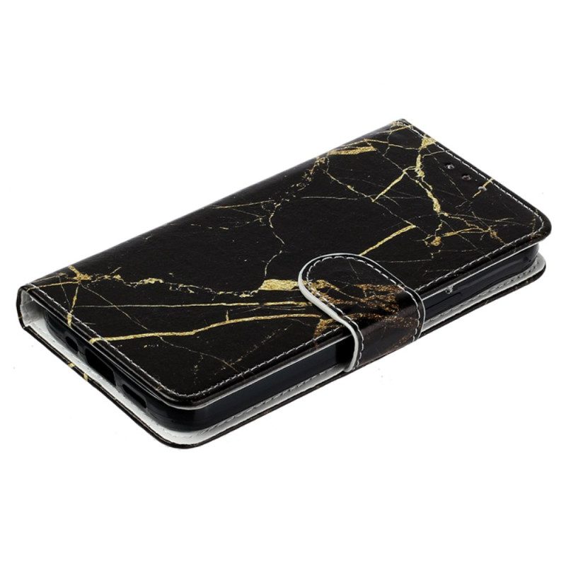 Leren Hoesje Samsung Galaxy S24 5g Zwart En Goud Marmer Met Riem